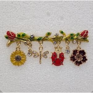 Spring Flower & Insects Brooch Enamel and Rhinestones on Gold Tone Metal